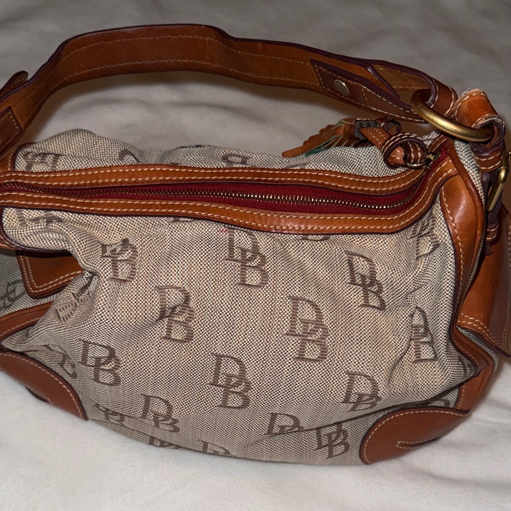 Dooney & Bourke Beige Canvas Monogram Shoulder Bag with Brown Leather Trim